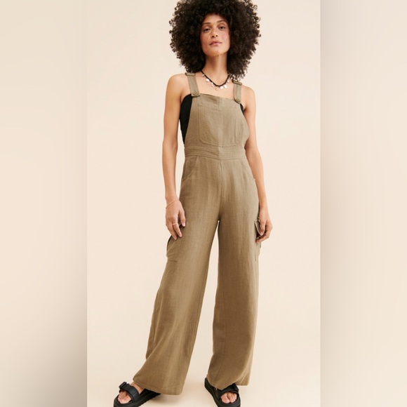 🌻Linen Blend Casual Olive Green Overalls - Picture 5 of 11